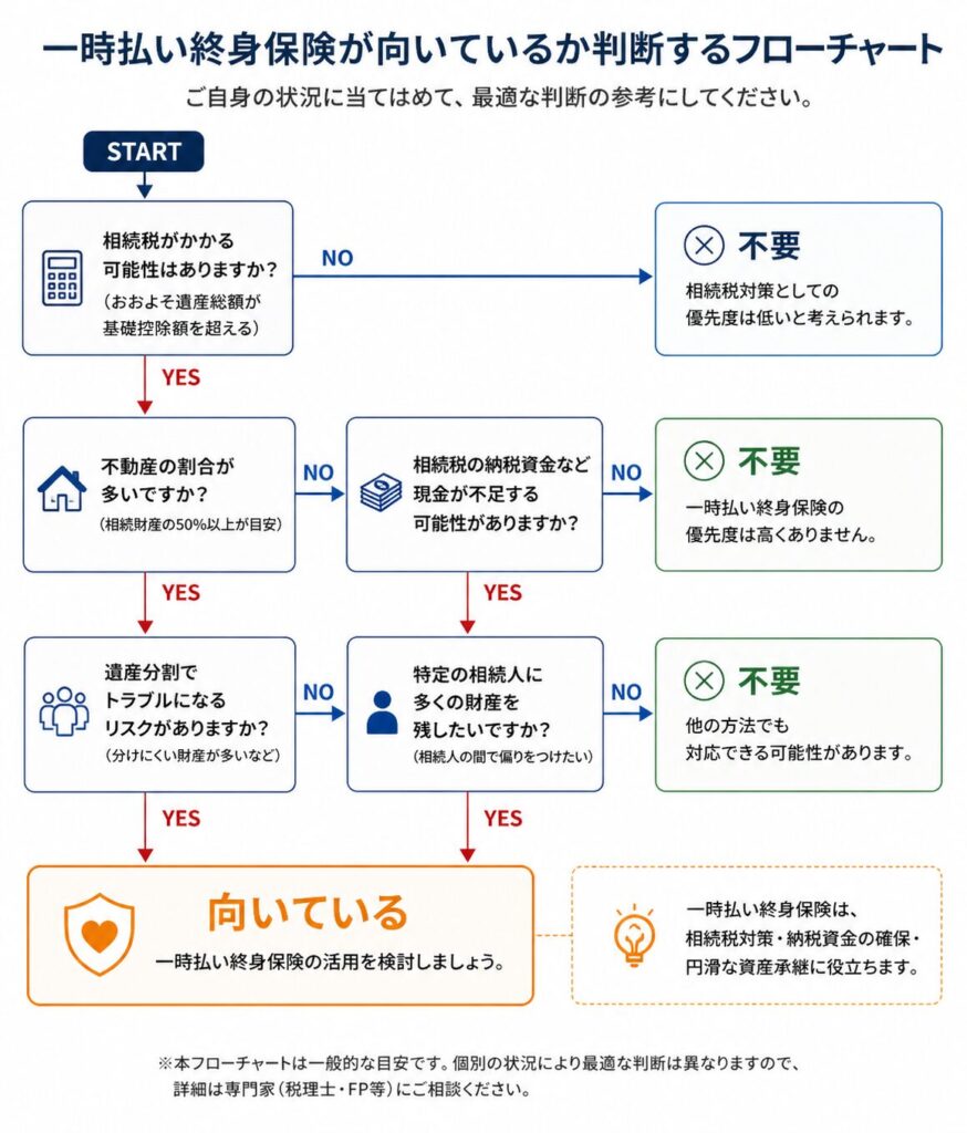 一時払い終身保険が向いているかを判断するフローチャート。相続税がかかるか、不動産が多いか、現金が不足するかなどの分岐を経て、「向いている」または「不要」と結論が出る図。