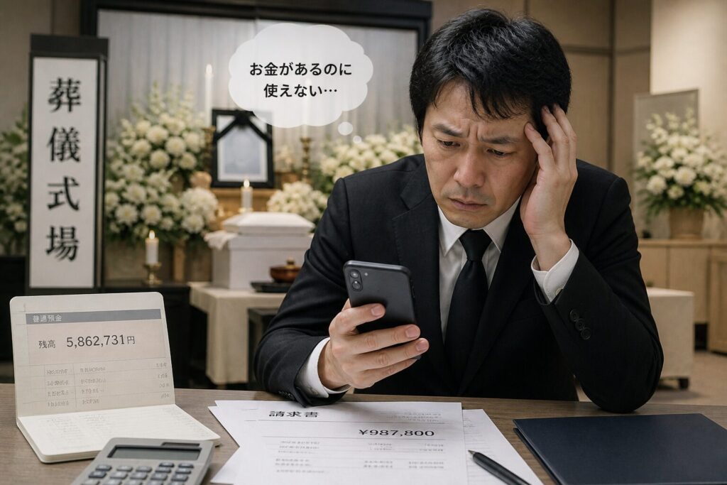 葬儀費用の支払いに困り、口座残高を確認しながら焦る日本人男性のイメージ