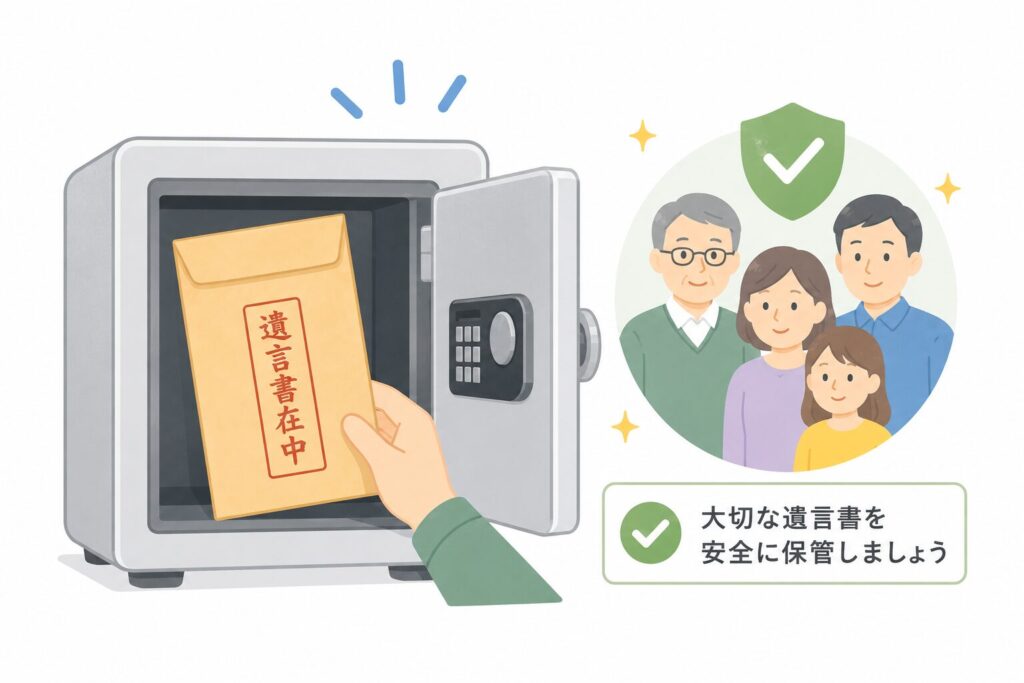 「遺言書在中」と書かれた封筒を家庭用金庫へ保管し、家族を守るイメージを表現した終活・相続向けイラスト