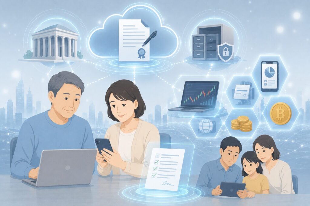 スマートフォンやパソコンでデジタル遺言を作成し、クラウド上で管理する様子を表現したイラスト