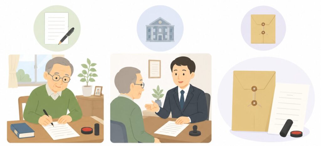 「自筆証書遺言」「公正証書遺言」「秘密証書遺言」の3種類を比較した図解イラスト。左側は自宅で遺言を書く高齢者、中央は公証人と相談しながら遺言を作成する様子、右側は封筒に入った秘密証書遺言を描き、それぞれの特徴の違いを表現している。