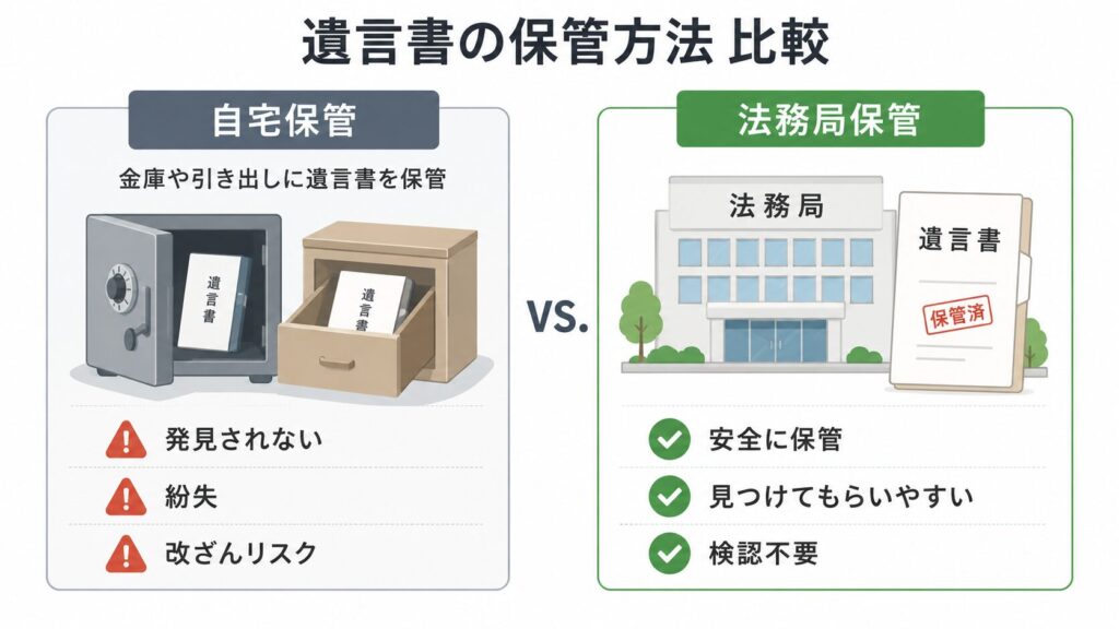自宅保管と法務局保管の違いを比較した図解。自宅保管は発見されない・紛失・改ざんリスクがあり、法務局保管は安全な保管や検認不要などのメリットを示している。