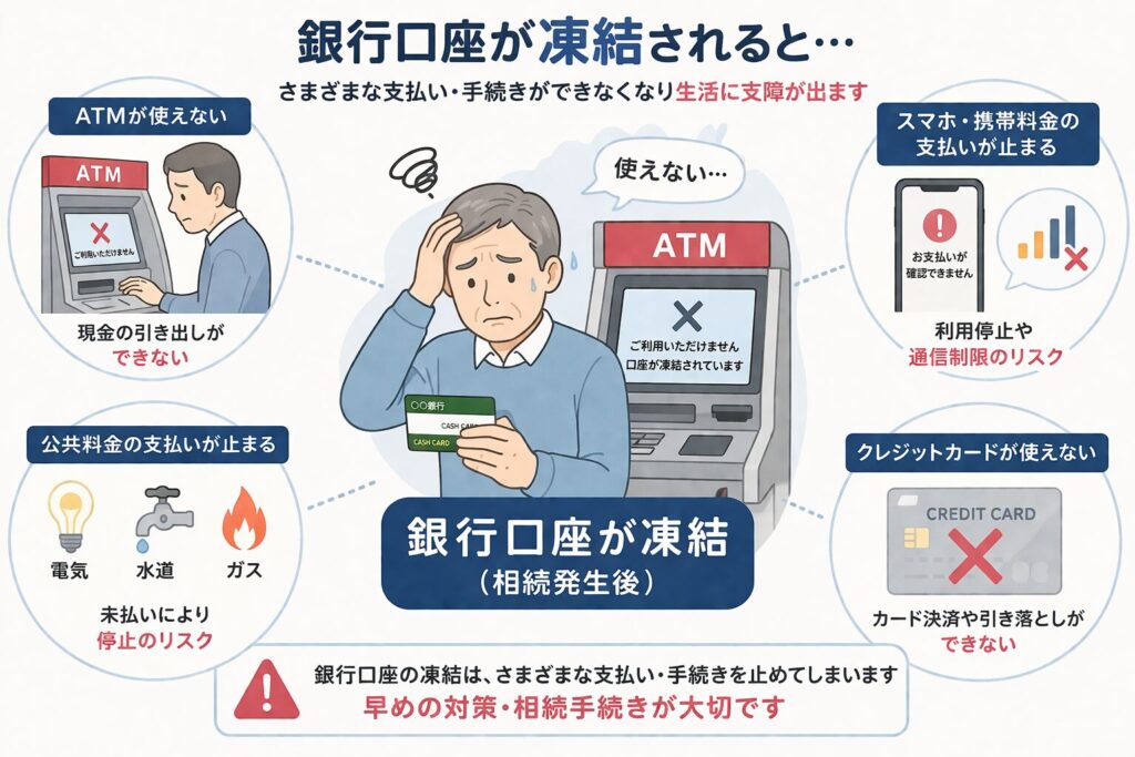 銀行口座が凍結され、ATMが使えず困っている男性と、公共料金やスマホ、クレジットカードの支払いが止まる影響を示した図解