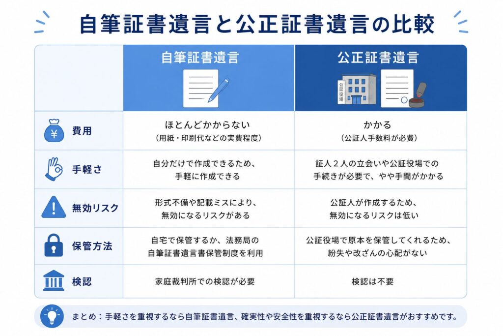 自筆証書遺言と公正証書遺言の違いを、比較表形式で整理した図解イラスト。費用、手軽さ、無効リスク、保管方法、検認の5項目について、それぞれの特徴を左右比較でわかりやすく説明している。