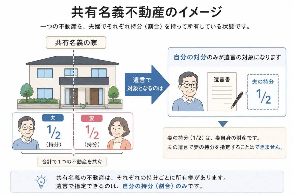 共有名義不動産を説明する図解。1つの家を夫婦がそれぞれ2分の1ずつ所有している様子と、遺言で指定できるのは自分の持分のみであることを矢印付きで示している。