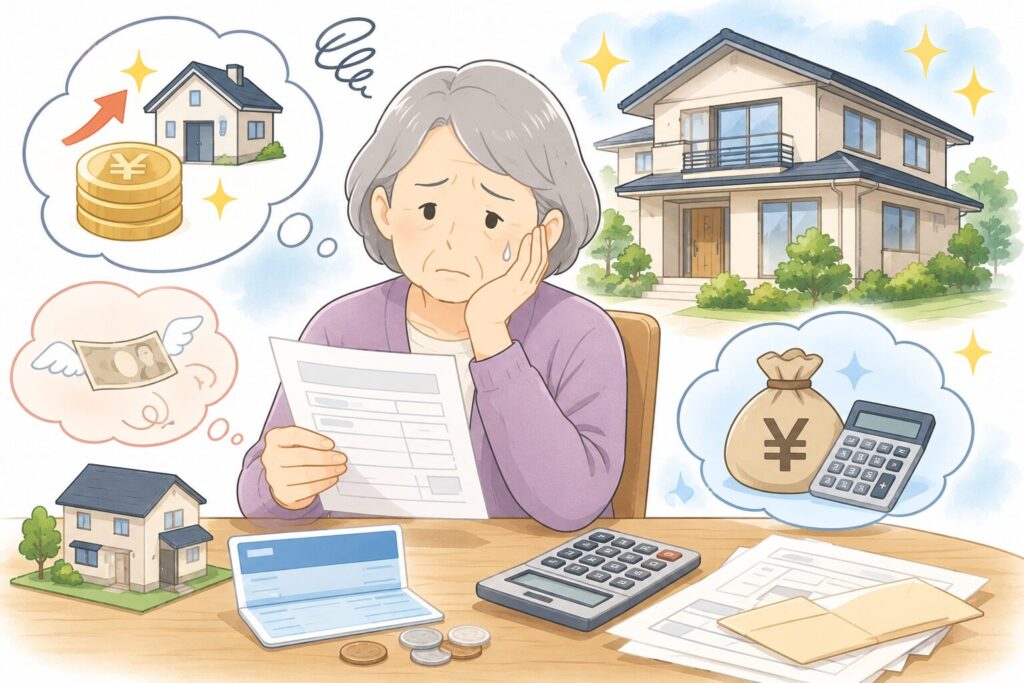 大きな自宅不動産を相続した高齢女性が、相続税の納付書を見ながら困っている様子を描いたイラスト。家の価値は高い一方で、手元現金が少なく、相続税の支払いに悩む状況が、家・現金・税金アイコンによって表現されている。