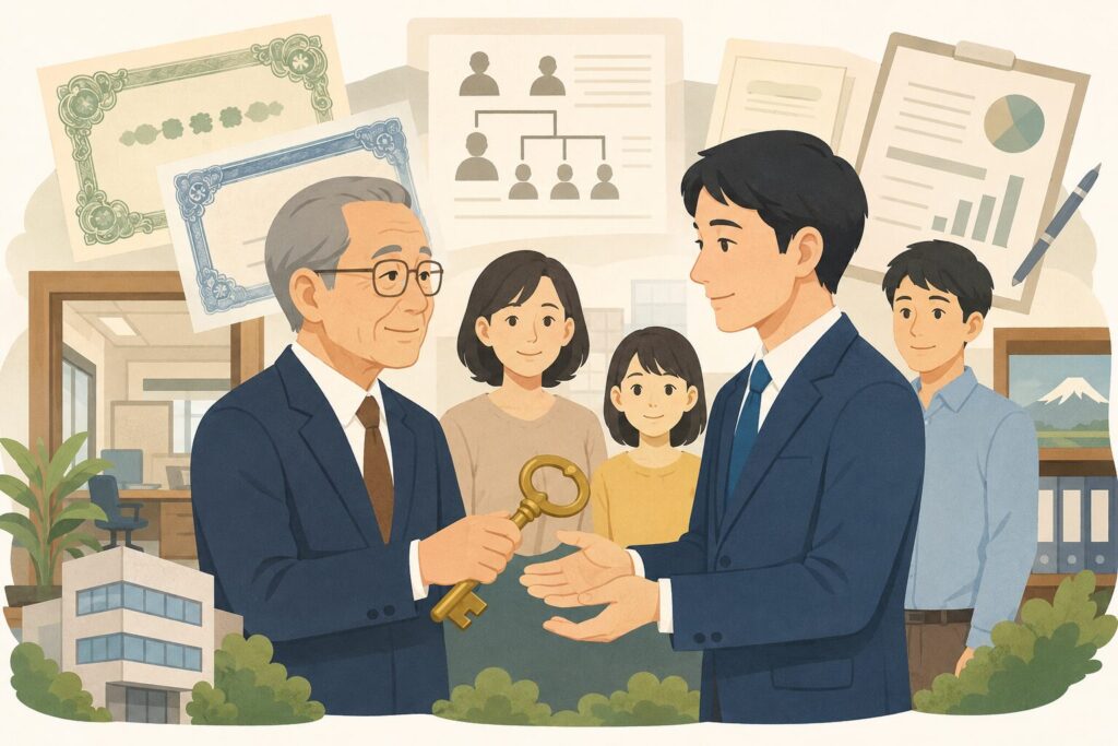有限会社の事業承継をテーマに、高齢の社長が後継者の息子に株式や重要書類を引き継ぐ様子を描いたイラスト