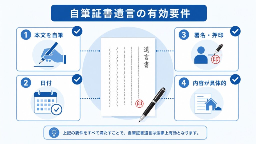 自筆証書遺言の有効要件を説明する日本向けインフォグラフィック。中央に手書きの遺言書があり、周囲に「本文を自筆」「日付」「署名・押印」「内容が具体的」を示すチェック付きアイコンが配置されている。