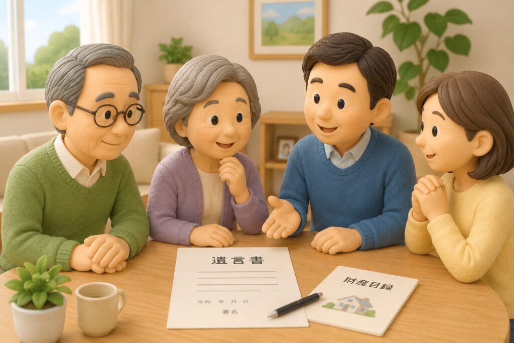 相続や遺言について話し合う日本人家族の3Dクレイ風イラスト。50代〜70代の夫婦と成人した子どもが、リビングで穏やかに会話している。テーブルには遺言書や書類、ペンが置かれ、安心感のある雰囲気。