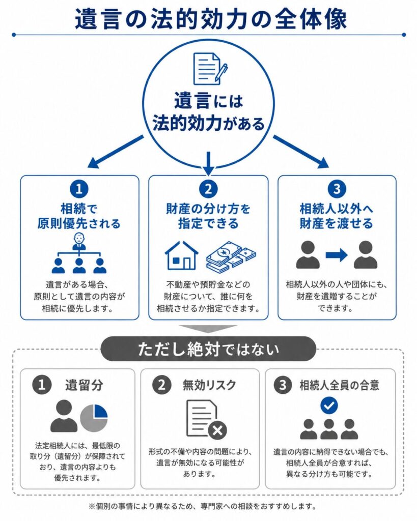 遺言の法的効力の全体像を整理した日本向けインフォグラフィック。中央に「遺言には法的効力がある」と配置し、「相続で原則優先される」「財産の分け方を指定できる」「相続人以外へ財産を渡せる」の3つの効果を矢印で接続している。下部には「ただし絶対ではない」として、「遺留分」「無効リスク」「相続人全員の合意」の制限要素を図解している。白背景に青・グレー基調のミニマルデザイン。