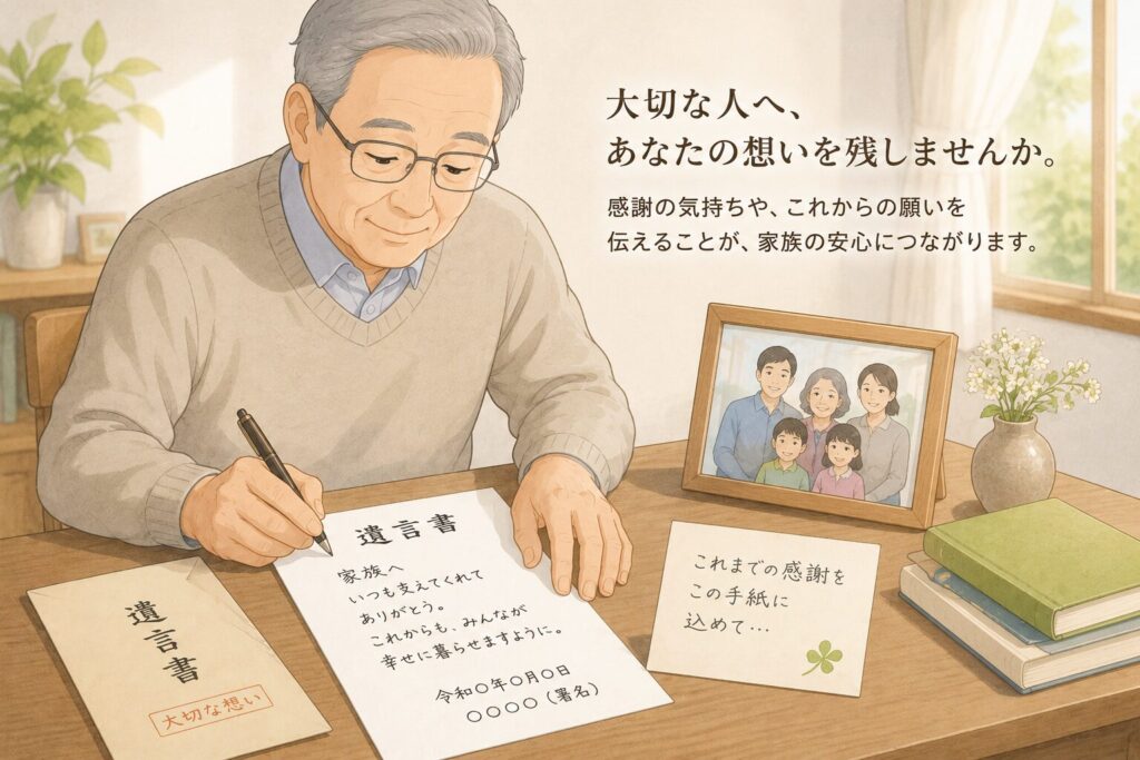 日本の高齢者が、机に向かって遺言書や手紙を書いている温かいイラスト。机の上には家族写真や書類が置かれており、「感謝」や「家族への想い」を伝えようとしている穏やかな雰囲気が表現されている。落ち着いた色合いで、法律記事向けのやさしいデザイン。