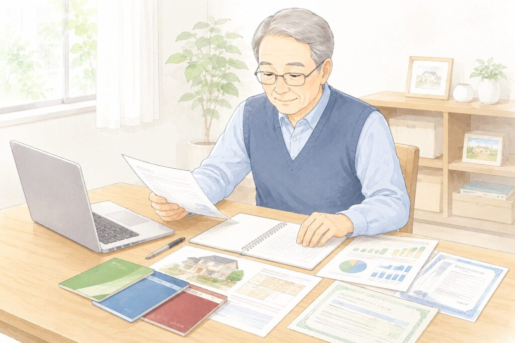 高齢男性が通帳や不動産資料、株式関連書類を机の上で整理しながら、財産目録を作成している様子のイラスト。ノートパソコンや書類が並び、落ち着いた雰囲気が表現されている。