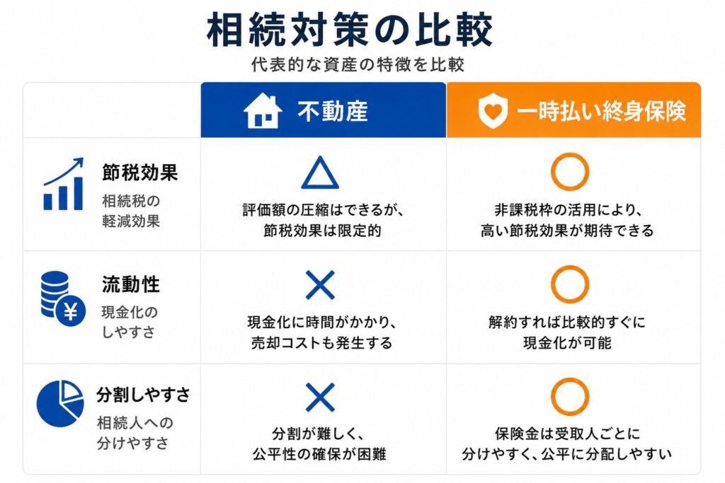 相続対策の比較図。不動産と一時払い終身保険を「節税効果・流動性・分割しやすさ」で比較し、不動産は△・×が多く、保険は○が多いことを示しているインフォグラフィック。