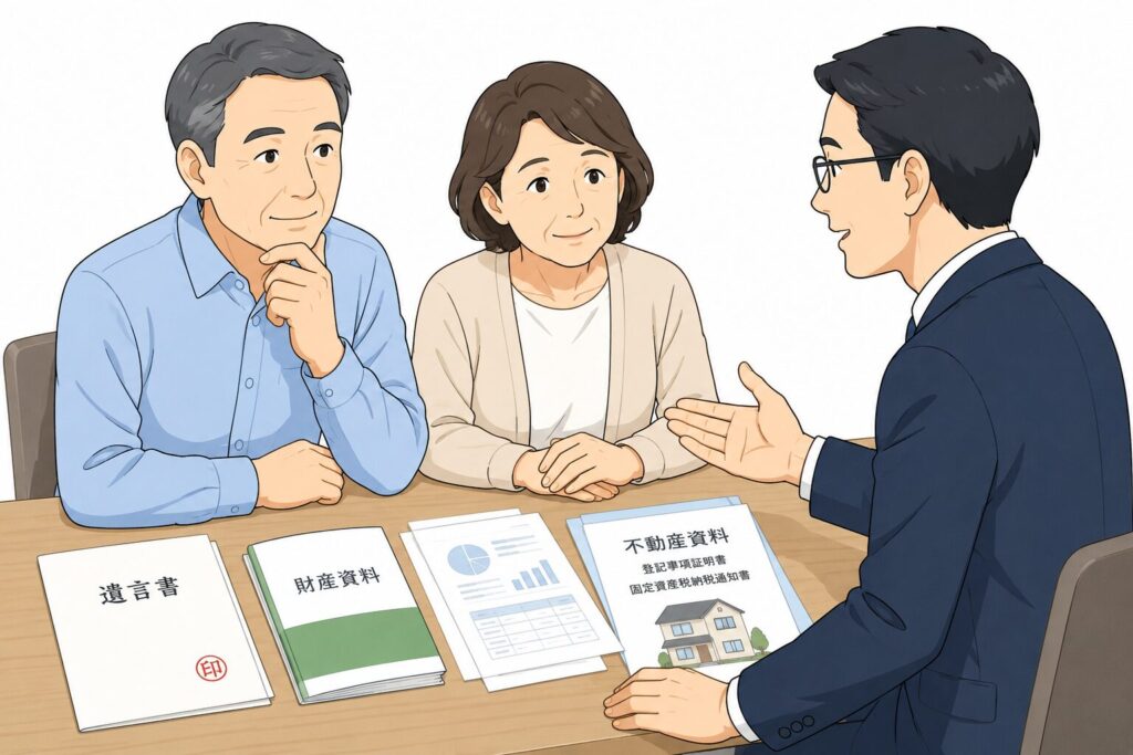 相続について専門家へ相談している日本人夫婦と、遺言書や不動産資料を説明する専門家を描いた法律相談イラスト。