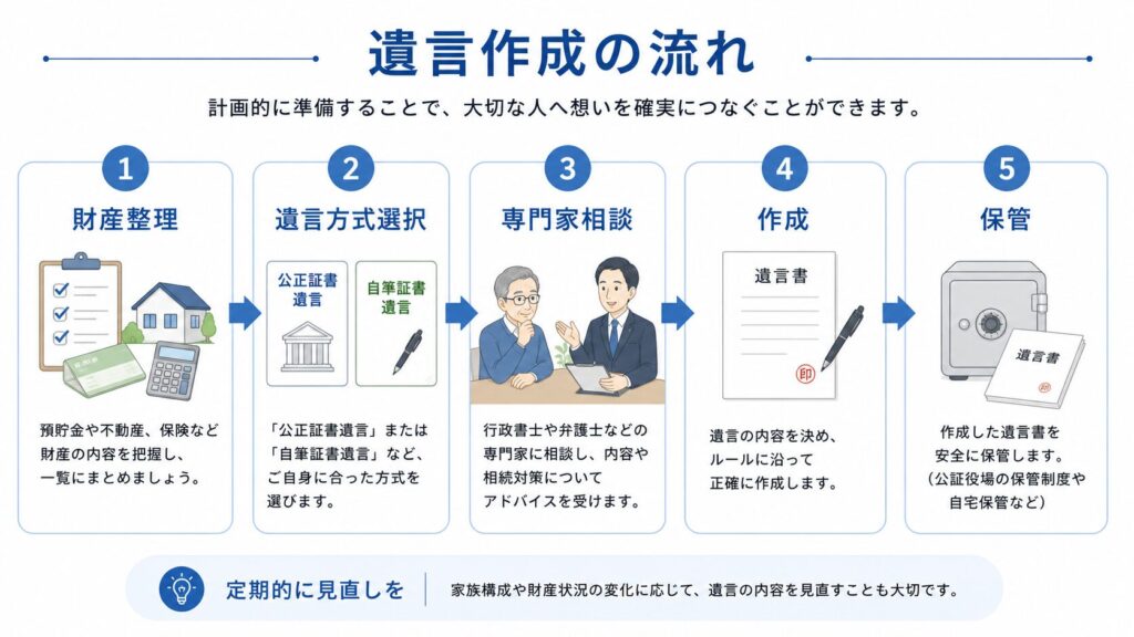日本の遺言作成の流れを、5つのステップで整理したインフォグラフィック。「財産整理 → 遺言方式選択 → 専門家相談 → 作成 → 保管」の流れを矢印付きで表示し、それぞれの工程をアイコンとともに分かりやすく解説している。白背景と青系カラーを基調にした、行政書士事務所サイト向けのシンプルなデザイン。