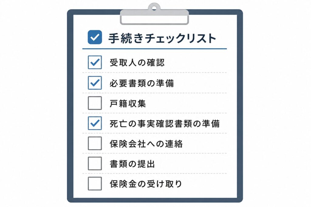 相続や生命保険の手続きに必要な項目をまとめたチェックリスト。受取人の確認や必要書類の準備、戸籍収集などの項目が並び、一部にチェックが入っている状態
