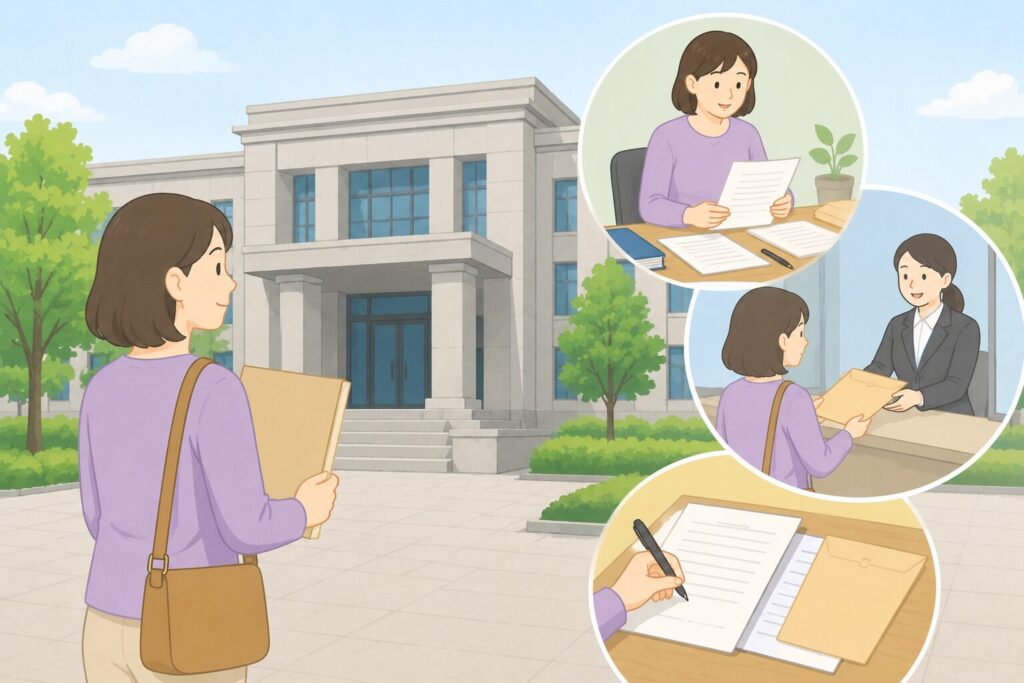 遺言書や申立書類を準備した相続人が家庭裁判所で検認申立てを行う様子を描いたイラスト。