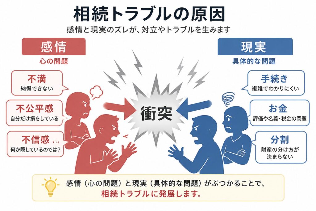 相続トラブルの原因(感情の問題と手続き・お金の問題の衝突)を示した図