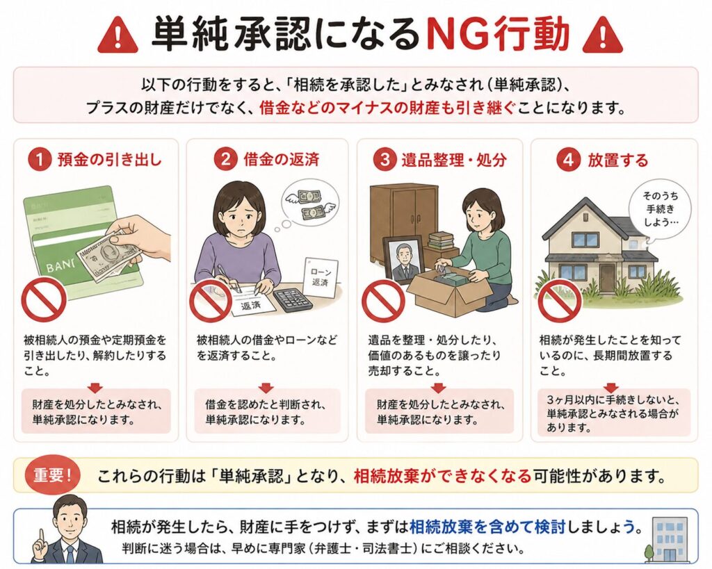 単純承認になるNG行動を示す図解。預金の引き出し、借金の返済、遺品整理、放置により相続を承認したとみなされ、借金も含めて引き継ぐ可能性があることを説明している。