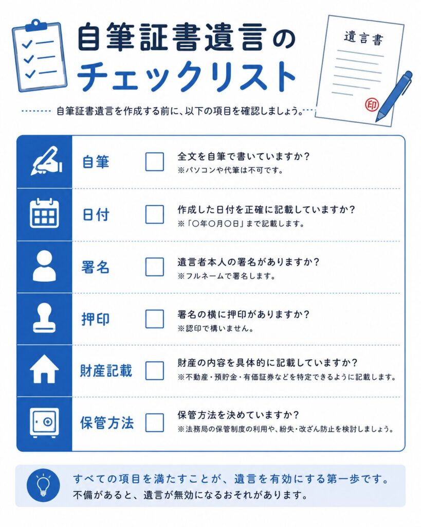 自筆証書遺言のチェックリストを説明した日本向け図解。自筆、日付、署名、押印、財産記載、保管方法の6項目を、チェックボックスとアイコン付きで確認できるよう整理している。