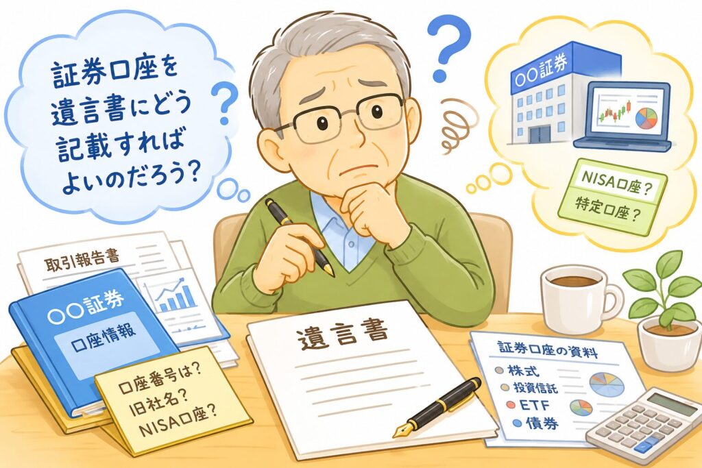 遺言書に証券口座をどのように記載すればよいか悩んでいる高齢男性のイラスト。机の上には遺言書、証券会社の口座情報、取引報告書、証券口座の資料が並び、「NISA口座」「特定口座」などの言葉を見ながら考え込んでいる。全体はやさしい色合いで、安心感のある雰囲気。