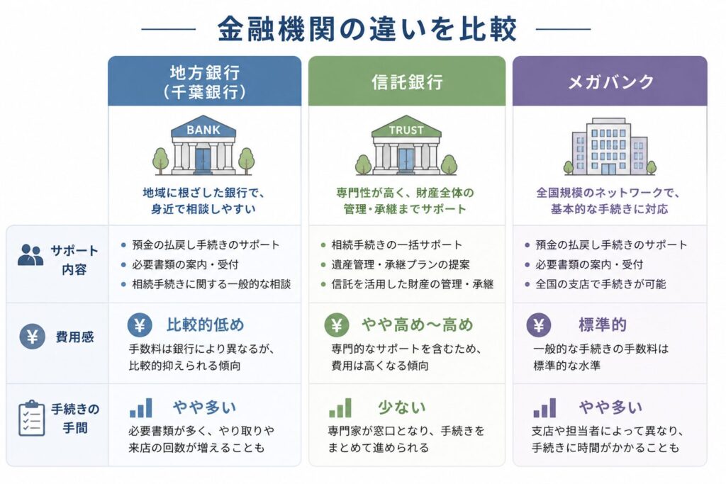 金融機関ごとの相続手続きの違いを比較した図。地方銀行、信託銀行、メガバンクのサポート内容、費用感、手続きの手間を示している