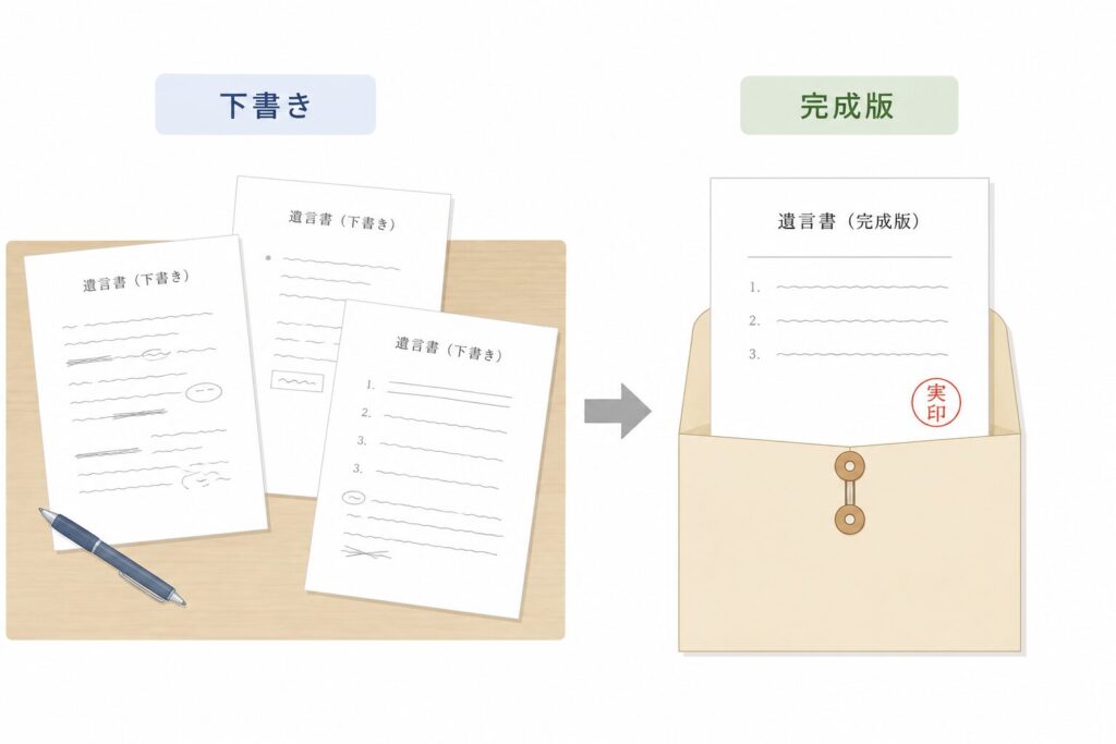 複数の下書き用紙と、印鑑が押された完成版の遺言書が封筒に保管されている、日本の遺言書作成をイメージしたフラットイラスト。
