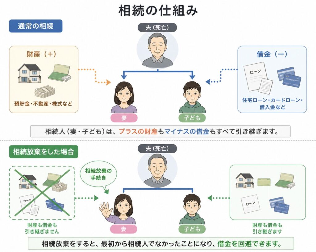 相続の仕組みを示す図解。夫の死亡後、妻や子どもに財産と借金の両方が引き継がれるが、相続放棄により借金を回避できることを説明。