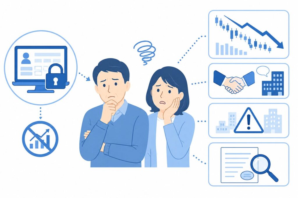 株式相続における売却できないリスクを示した図解。凍結された証券口座と、株価下落チャート、TOBや上場廃止リスク、企業の不安要素を示す資料が並び、相続人が困っている様子を表現したインフォグラフィック。
