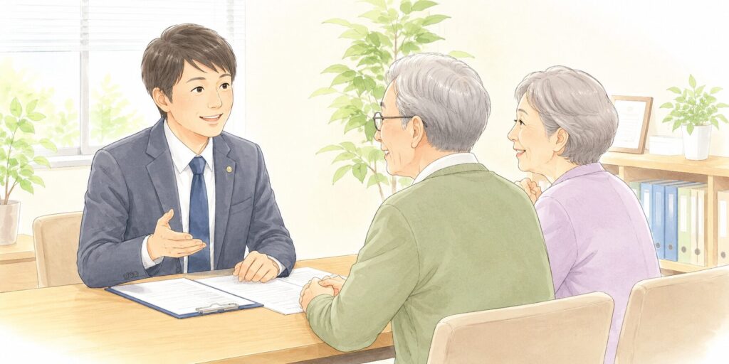 行政書士事務所で、自筆証書遺言について相談する高齢夫婦と男性行政書士のイラスト。明るいオフィスで、穏やかな雰囲気の中、行政書士が丁寧に説明している様子。