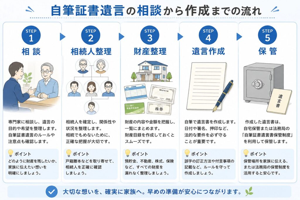 自筆証書遺言の相談から保管までの流れを、5つのSTEPで整理した日本向けインフォグラフィック。相談、相続人整理、財産整理、遺言作成、保管の各工程がイラスト付きで分かりやすく表示されている。