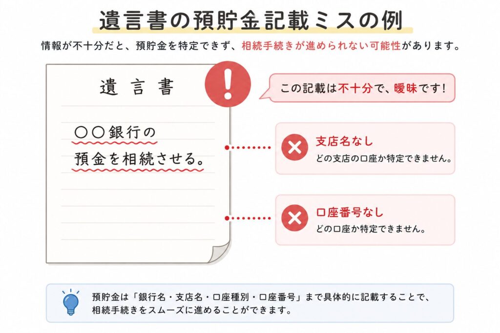 遺言書の預貯金記載ミスを説明する図解。遺言書に「○○銀行の預金を相続させる」とだけ書かれており、赤い注意マークとともに「支店名なし」「口座番号なし」と問題点が示されている。