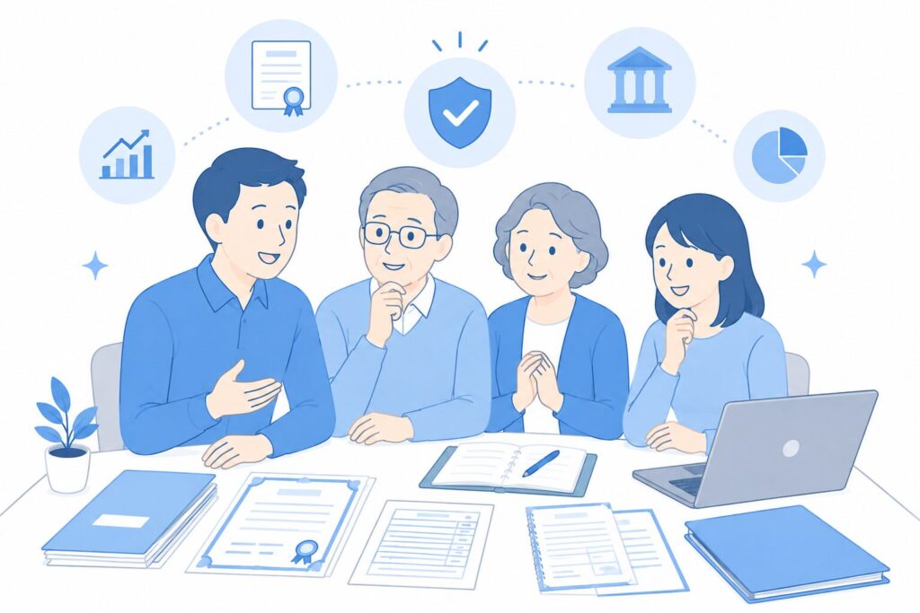 株式相続の手続きを整理し、安心して話し合っている日本人家族の様子。机の上に証券書類や戸籍書類、ノートPCがあり、落ち着いた雰囲気で相談しているフラットデザインのイラスト。