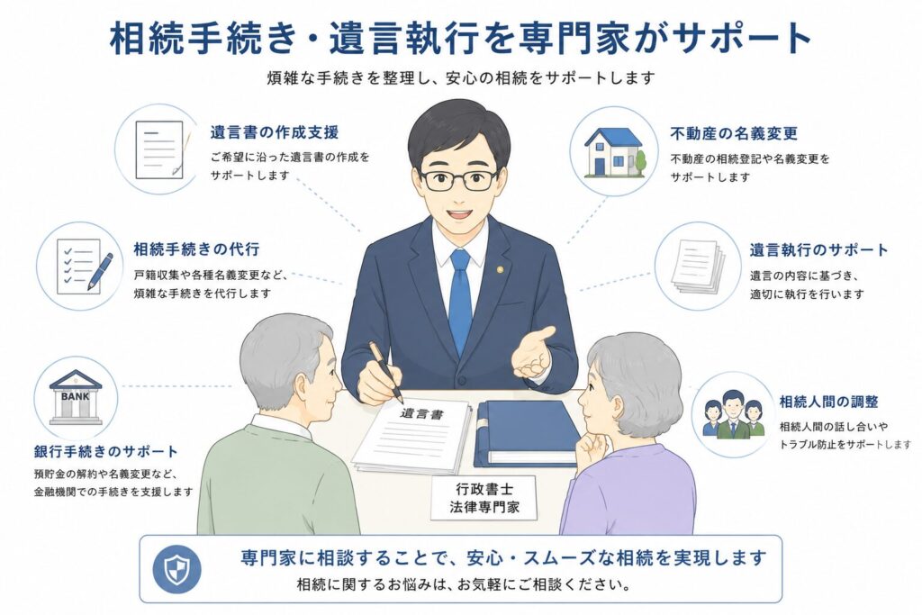 日本の行政書士または法律専門家が、高齢夫婦に対して相続手続きや遺言執行について説明しているイラスト。遺言書、不動産、銀行手続き、書類整理などをアイコン付きで整理し、相続サポートの内容を分かりやすく表現している。白背景と青系カラーを基調にした、信頼感のある法律メディア向けデザイン。