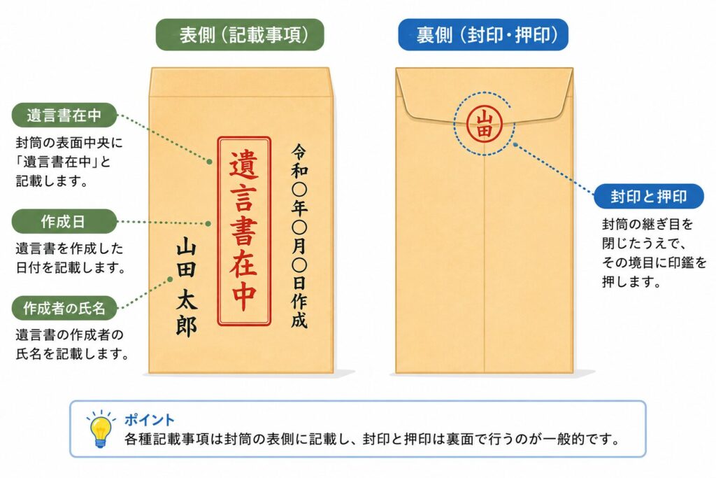 自筆証書遺言の封筒記載例として、「遺言書在中」「作成日」「氏名」「継ぎ目への押印」を説明付きで示した図解イラスト