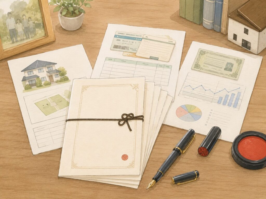 完成した遺言書と財産目録の書類が机の上に整理されて並んでいるイラスト。不動産・預貯金・株式をイメージした資料や万年筆、印鑑が配置され、日本の相続準備を表現している。