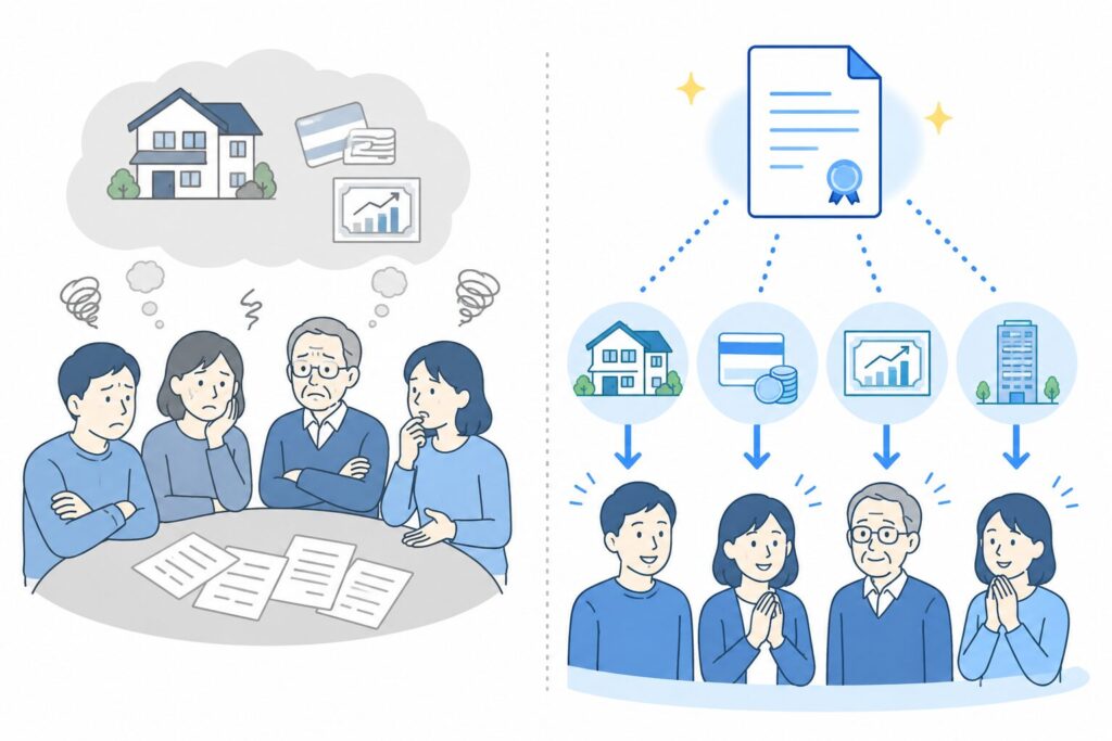 遺言の有無による相続の違いを比較した図解イラスト。左側では遺言がなく家族が困って話し合っており、右側では遺言書によって不動産・預貯金・株式の分配が整理され、円滑に相続が進んでいる様子が描かれている。