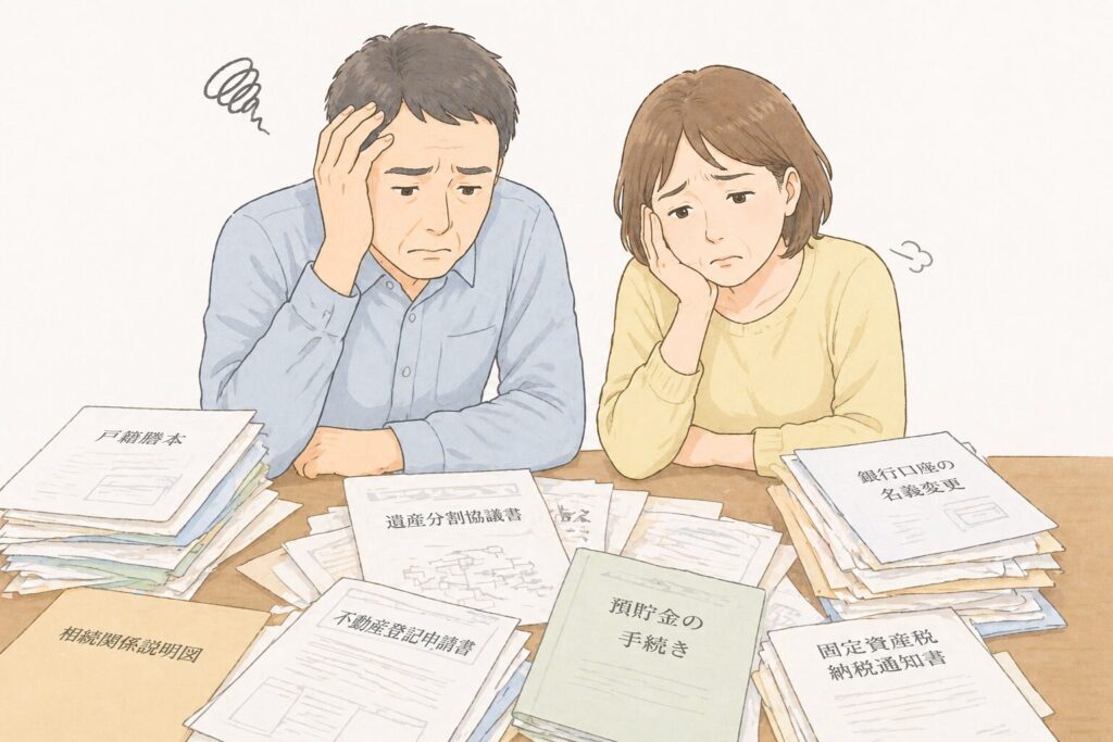相続手続きの書類が山積みになり、悩んでいる日本人の男女のイラスト。戸籍や遺産分割協議書などの書類に囲まれて困っている様子