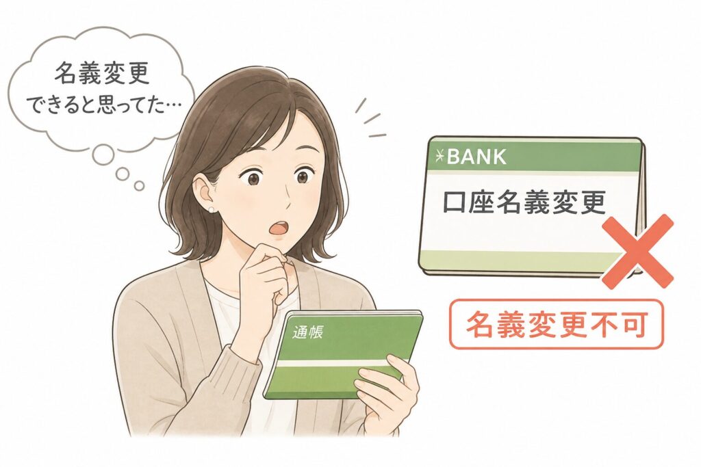 銀行口座の名義変更ができると思っている女性と「名義変更不可」の表示イラスト