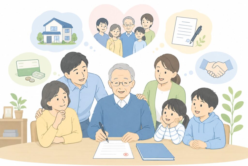 高齢の親が遺言書を準備し、家族が安心した表情で見守っている、日本の相続・遺言をテーマにした温かみのあるイラスト。背景には家・預貯金・家族・遺言書などのアイコンが配置されている。