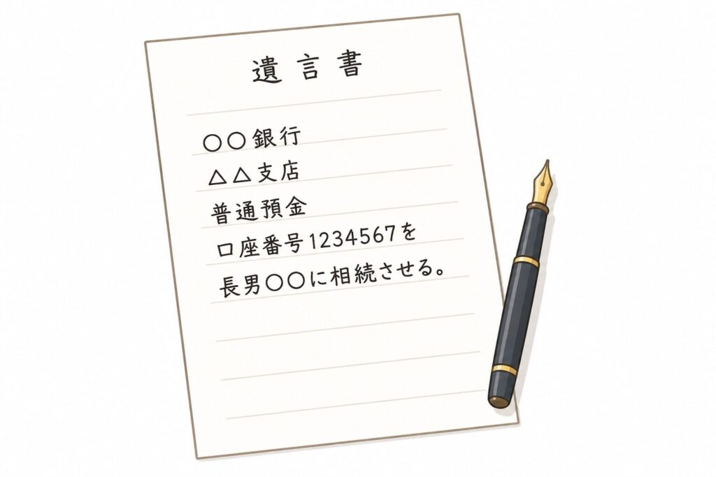 自筆証書遺言の預貯金の記載例を示したイラスト。白い遺言書用紙に「○○銀行 △△支店 普通預金 口座番号1234567を長男○○に相続させる」と書かれており、横に万年筆が置かれている。