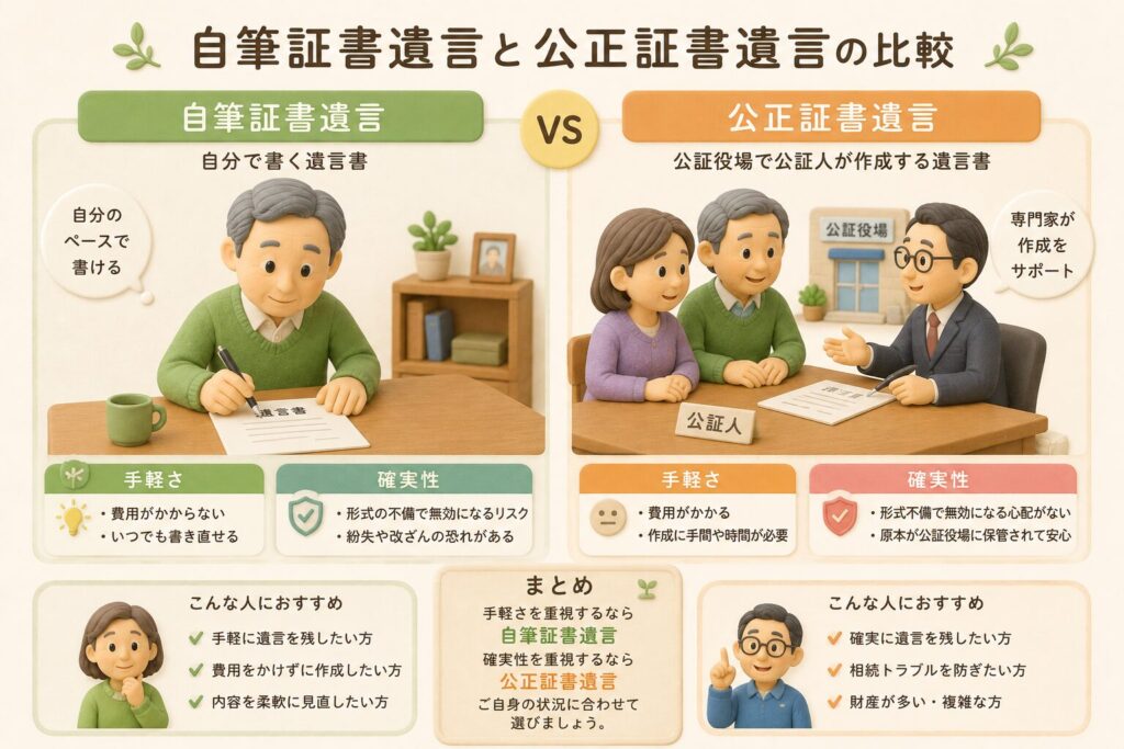 自筆証書遺言と公正証書遺言の違いを比較した3Dクレイ風の図解イラスト。左側では高齢男性が自宅で遺言書を書いており、右側では公証役場で公証人と相談している。『手軽さ』と『確実性』の違いを初心者向けにわかりやすく表現している。