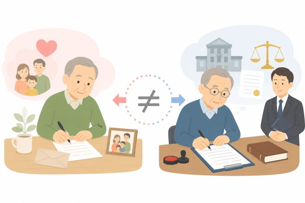 家族を想いながら手紙を書く高齢者と、公証人の前で遺言書を作成する高齢者を対比したイラスト。左側は感謝や想いを伝える温かい雰囲気、右側は法的手続きを表す落ち着いた雰囲気で、「感情を伝えること」と「法的効力を持たせること」の違いを表現している。