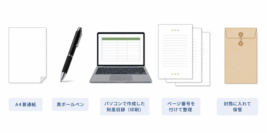 A4普通紙、黒ボールペン、パソコン作成の財産目録、ページ番号付き書類、封筒保管を並べた、自筆証書遺言のおすすめ作成方法を示すフラットイラスト。