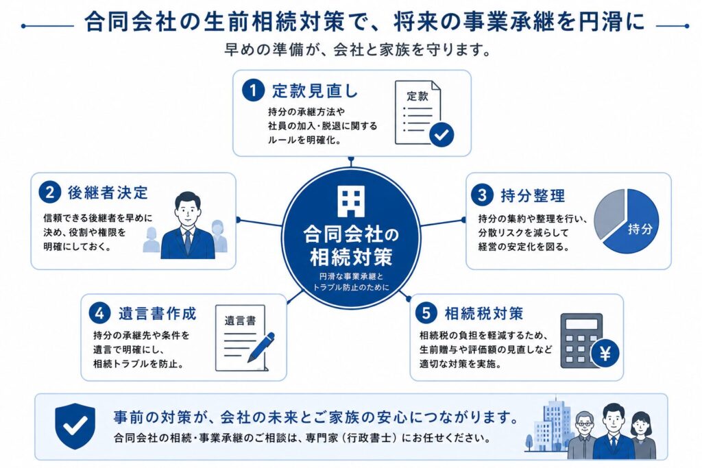 合同会社の生前相続対策を整理した図。中央に相続対策を置き、定款見直し、後継者決定、持分整理、遺言書作成、相続税対策の5項目が連動し、事業承継を円滑に進める重要ポイントを示している。