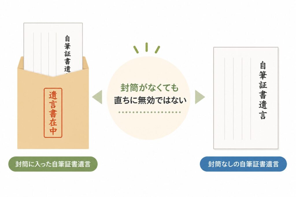 封筒に入った自筆証書遺言と、封筒なしの自筆証書遺言を比較し、「封筒がなくても直ちに無効ではない」ことを説明した図解イラスト