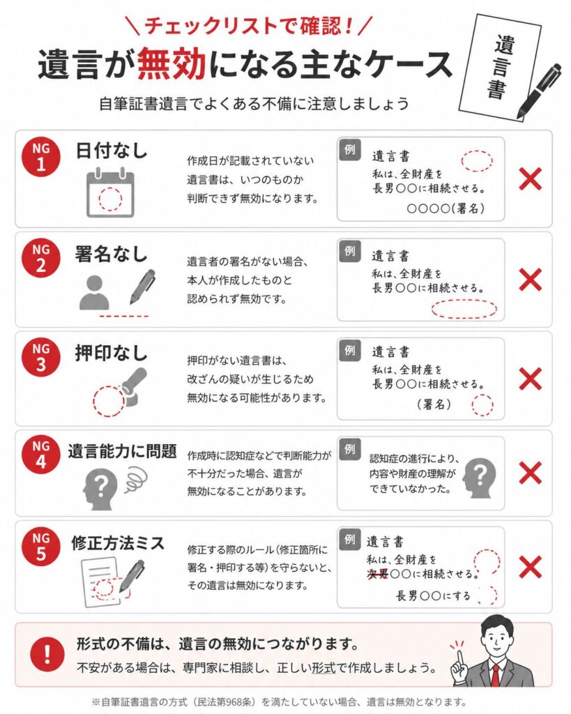 遺言が無効になる主なケースをチェックリスト形式でまとめた日本向け法律インフォグラフィック。赤いNGマーク付きで、「日付なし」「署名なし」「押印なし」「遺言能力に問題」「修正方法ミス」の5項目を一覧表示している。各項目には、自筆証書遺言の例や注意点が添えられており、形式不備によって遺言が無効になる可能性をわかりやすく説明している。