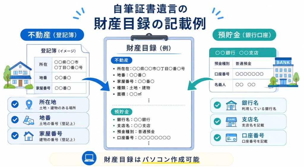 自筆証書遺言の財産目録の記載例を、不動産情報と銀行口座情報に分けて説明した図解イラスト。所在地・地番・家屋番号・銀行名・支店名・口座番号など、記載すべき項目を矢印付きでわかりやすく整理している。