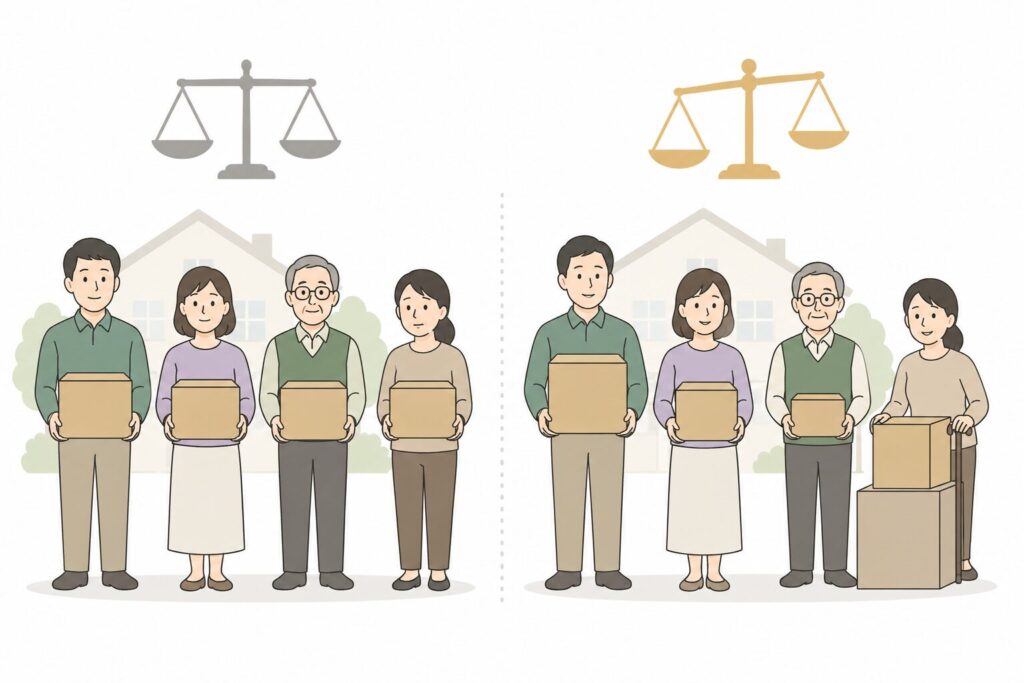 家族全員に同じ支援をする平等と、状況に応じて支援を変える公平の違いを示した図解