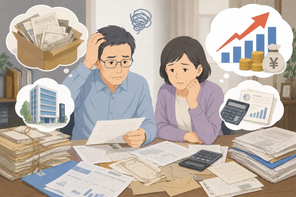 古い株式資料が見つからず、書類や電卓を前に相続人が困っている様子のイラスト